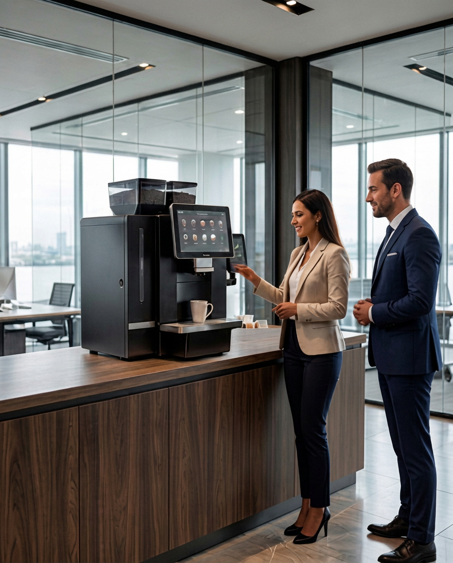 Deux collègues utilisent la machine à café Kaffy dans un bureau