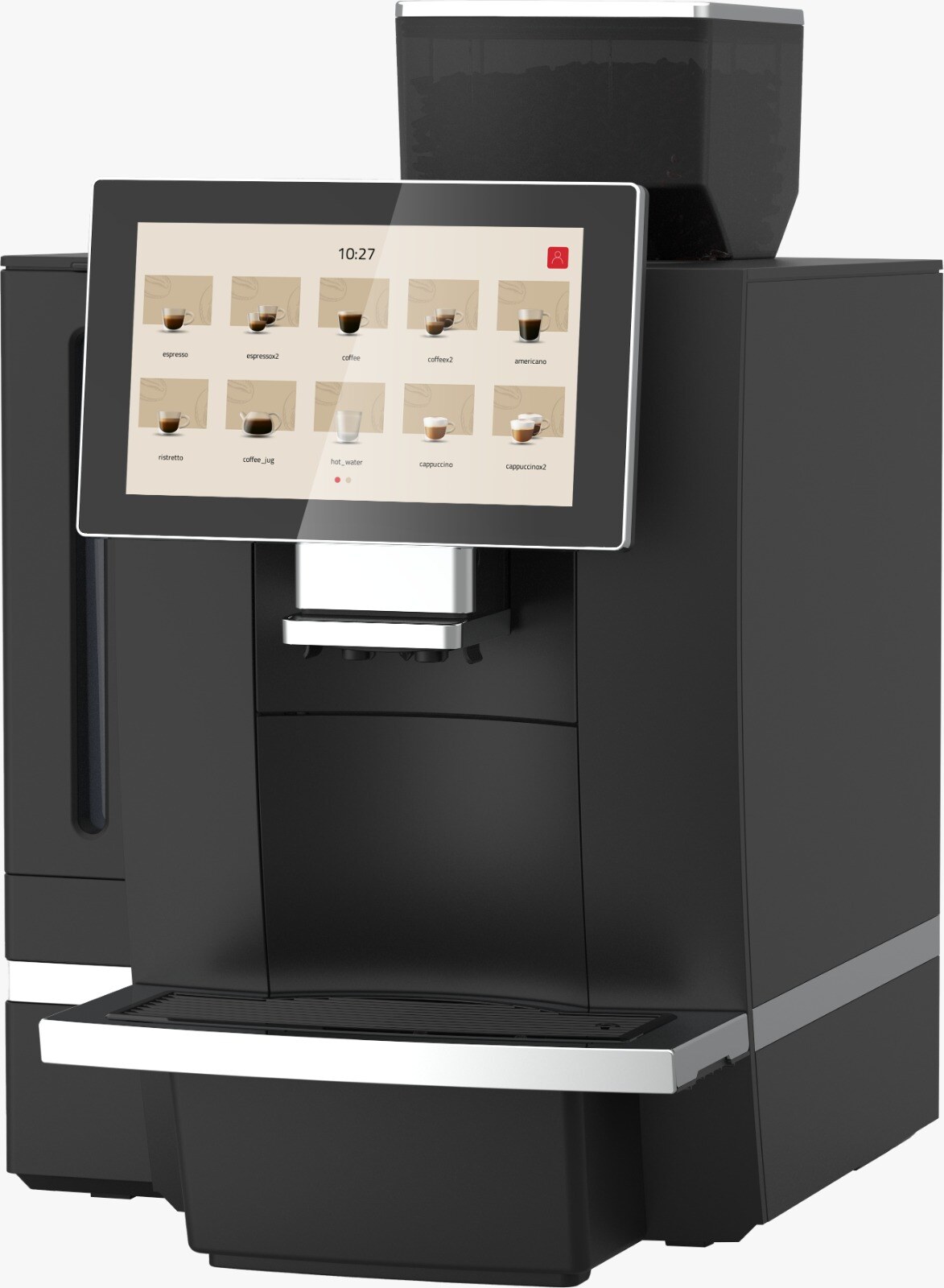 Une cliente avec un gobelet de café devant un commerce de proximité