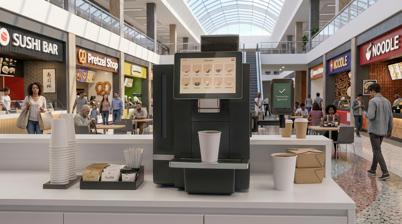 Un gérant remplit le réservoir de café en grains de la machine